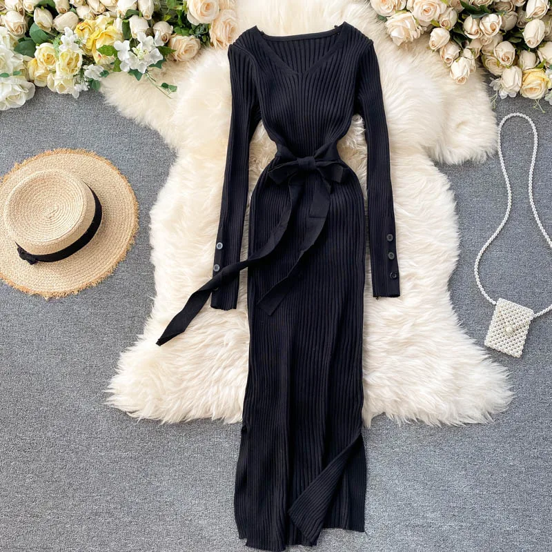 Spring And Autumn Sexy Women Black Vintage Knitted Dress Simple Solid Basic V-Neck Long Sleeve Dress Over The Knee Female