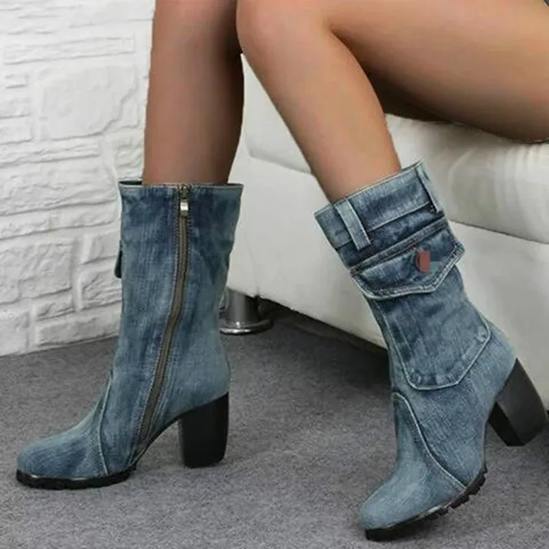 

Sexy Jean Boots Women's Mid Calf Boot Zipper High Heel Woman Stylish Jeans Boots Ladies Denim Boot Female Shoes Cowboy 2020 New
