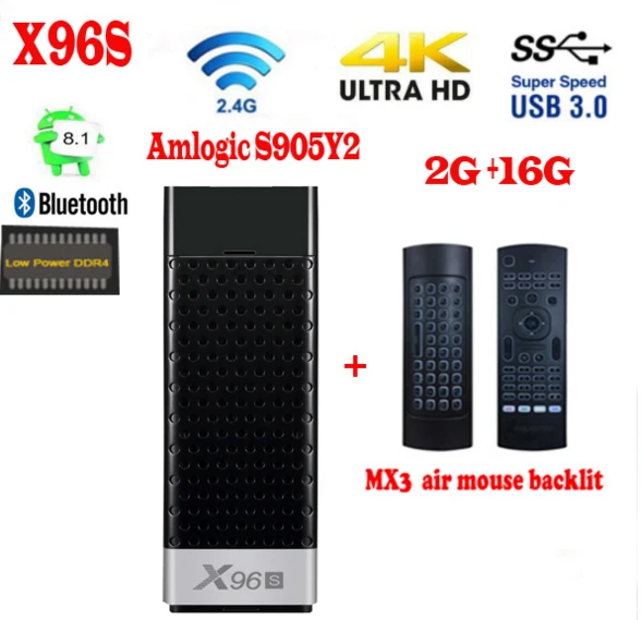 ТВ-палка X96S android 8,1 amlogic s905Y2 H.265 2,4/5G wifi BT4.2 ядро 64 бит cortex a53 Мини ПК x96 max мини - Цвет: 16G MX3 backlit