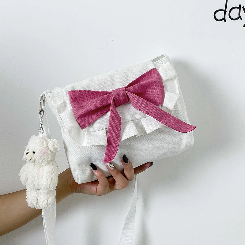 

Women Bag Lolita Sweet Canvas Flap Bow Lady Solid Zipper Soft Shoulder Bag Pures And Bags Crossbody Japan Style