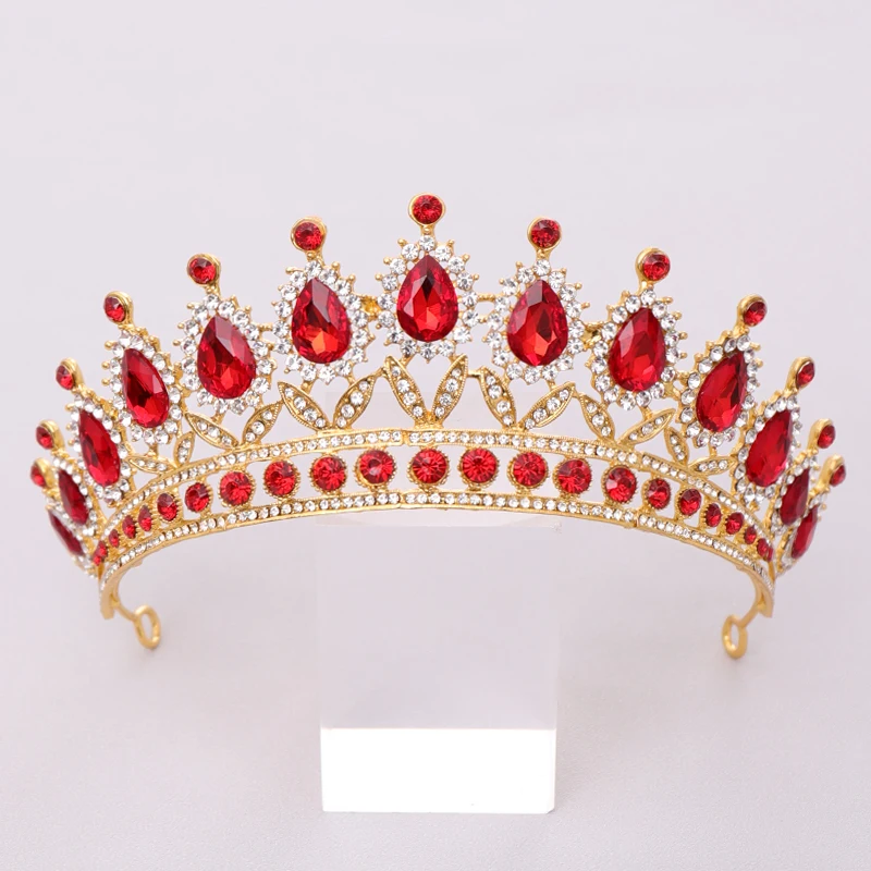 Vintag Baroque Green Crystal Crown Queen Tiara Wedding Hair Accessories Rhinestone Bridal Crown Prom Show Hair Jewelry For Bride - Окраска металла: Красный