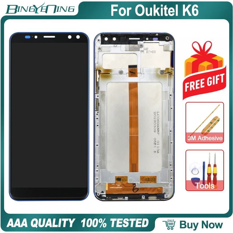 

BingYeNing 6.0" For Oukitel K6 LCD&Touch screen Digitizer with frame display Screen phone accessories assembly replacement tools