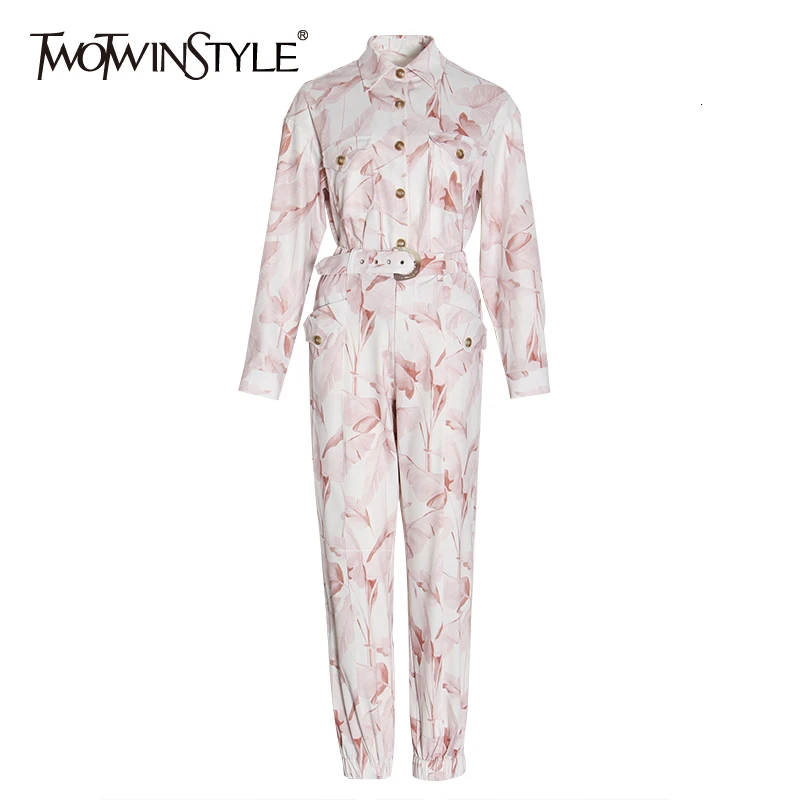TWOTWINSTYLE Print Hit Color Women's Two Piece Sets Lapel Collar Long Sleeve Shirt High Waist Sashes Pant Casual Suit Female New