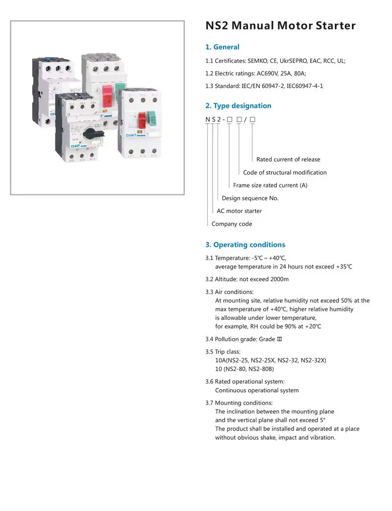 NS2-80B 16-25A 25-40A 40-63A 56-80A Disjuntor protetor Do Motor de arranque