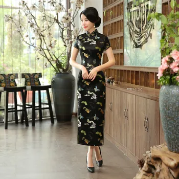 

Satin Long Female Cheongsam Vintage Sexy Short Sleeve Oversize 3XL Vestidso Mandarin Collar Black Flower Traditional Dress