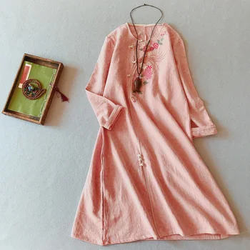 

2020 women's chinese traditional dresses linen cotton qipao cheongsam flowers short elasticity stretch dress