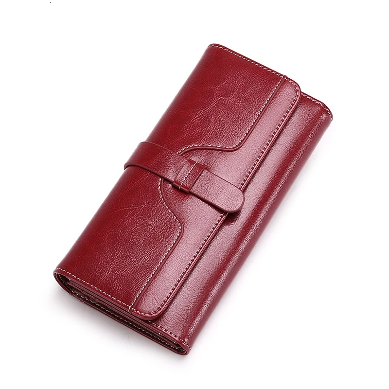 

High Quality Women Wallet Cow Leather Button Wallet Women Large Capacity Vintage Ladies Wallets For IPhone 8