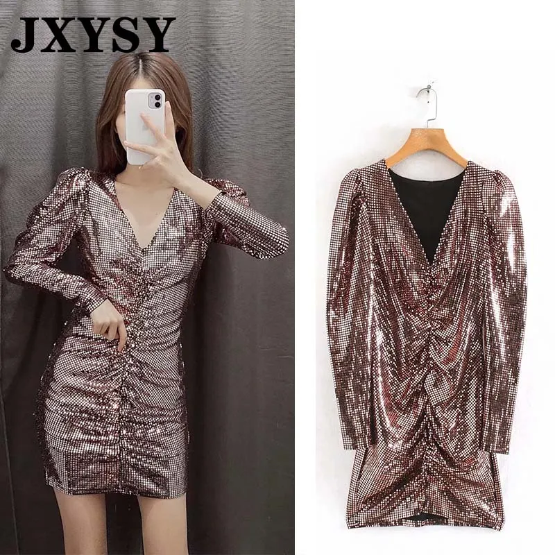 

JXYSY 2019 dress women Sexy sequin Nightclub Deep v neck Long Sleeve vestidos de fiesta de noche female party dress