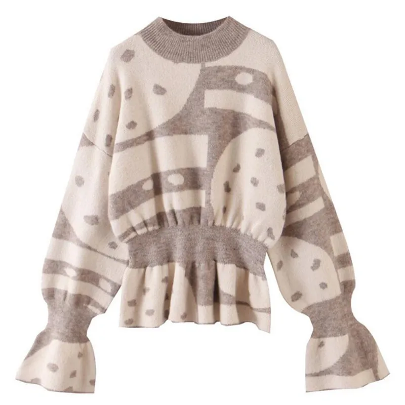 

2019 New Contrast Color Pattern Sweater Women Autumn Round collar Slim Waist Long sleeve Flare Cuff Elegant Jumper Knitwear
