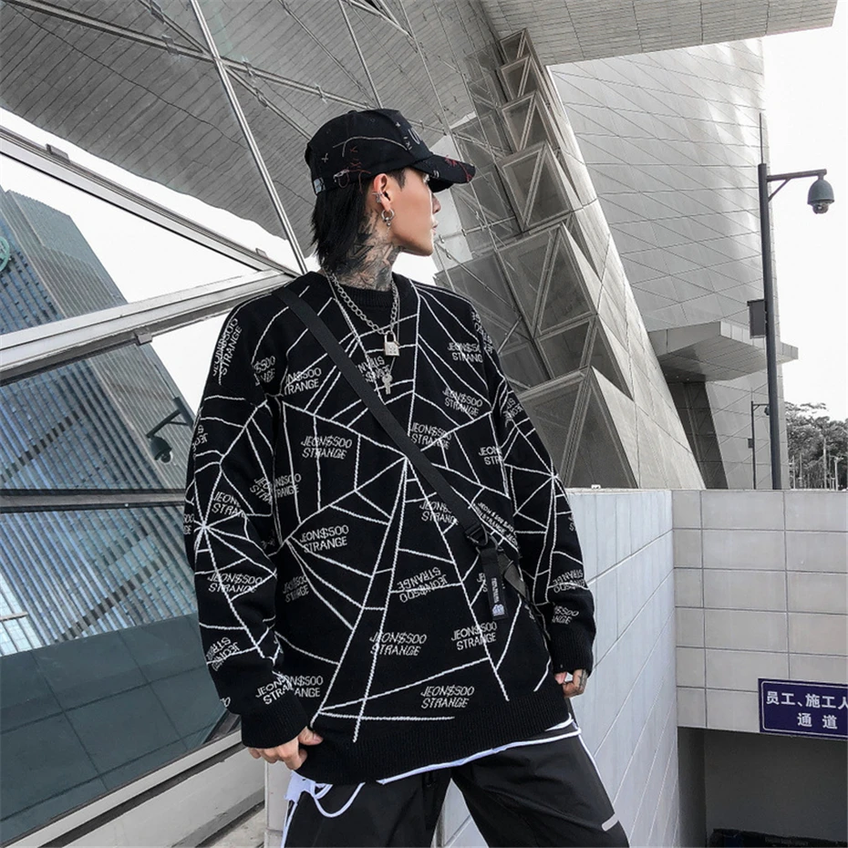 Harajuku трикотажные свитера мужские хип-хоп принт черный пуловер свитер уличная Мужская мода зима Топы Одежда WG477