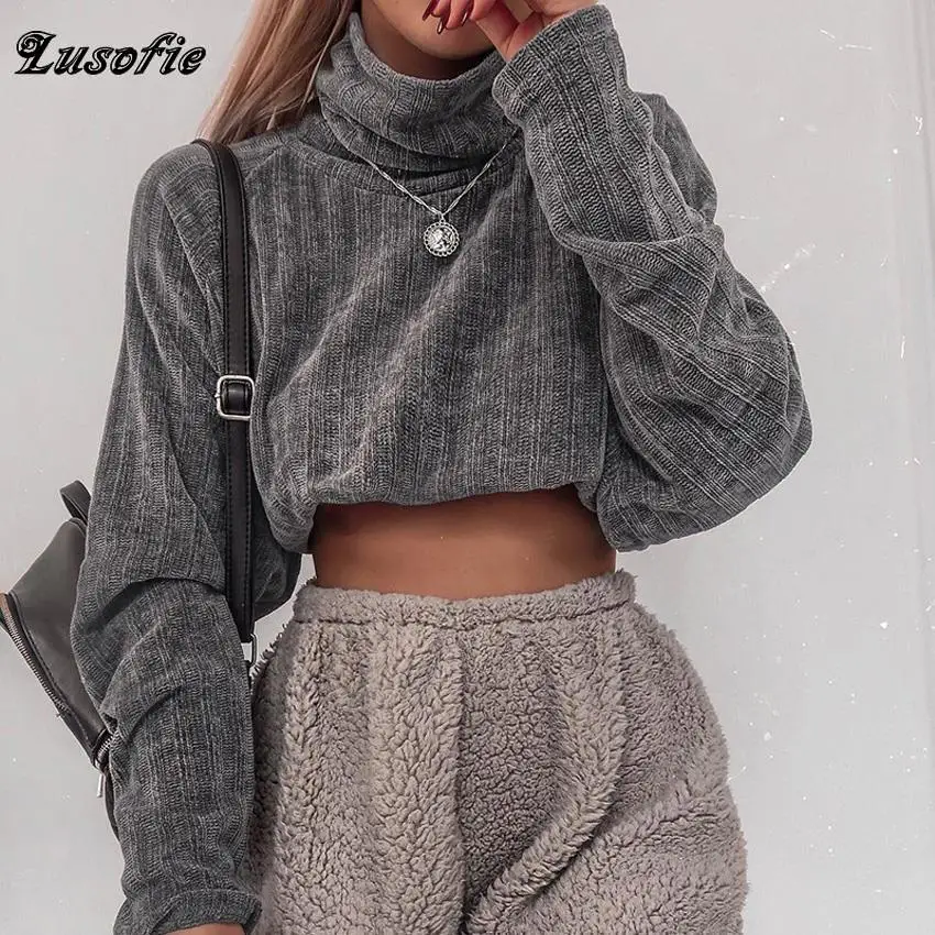 

Lusofie Grey Long Sleeve Solid Top High Collar Autumn New High Street T-shirt Casual Loose Basic Tops Stripe Knitting Party Club