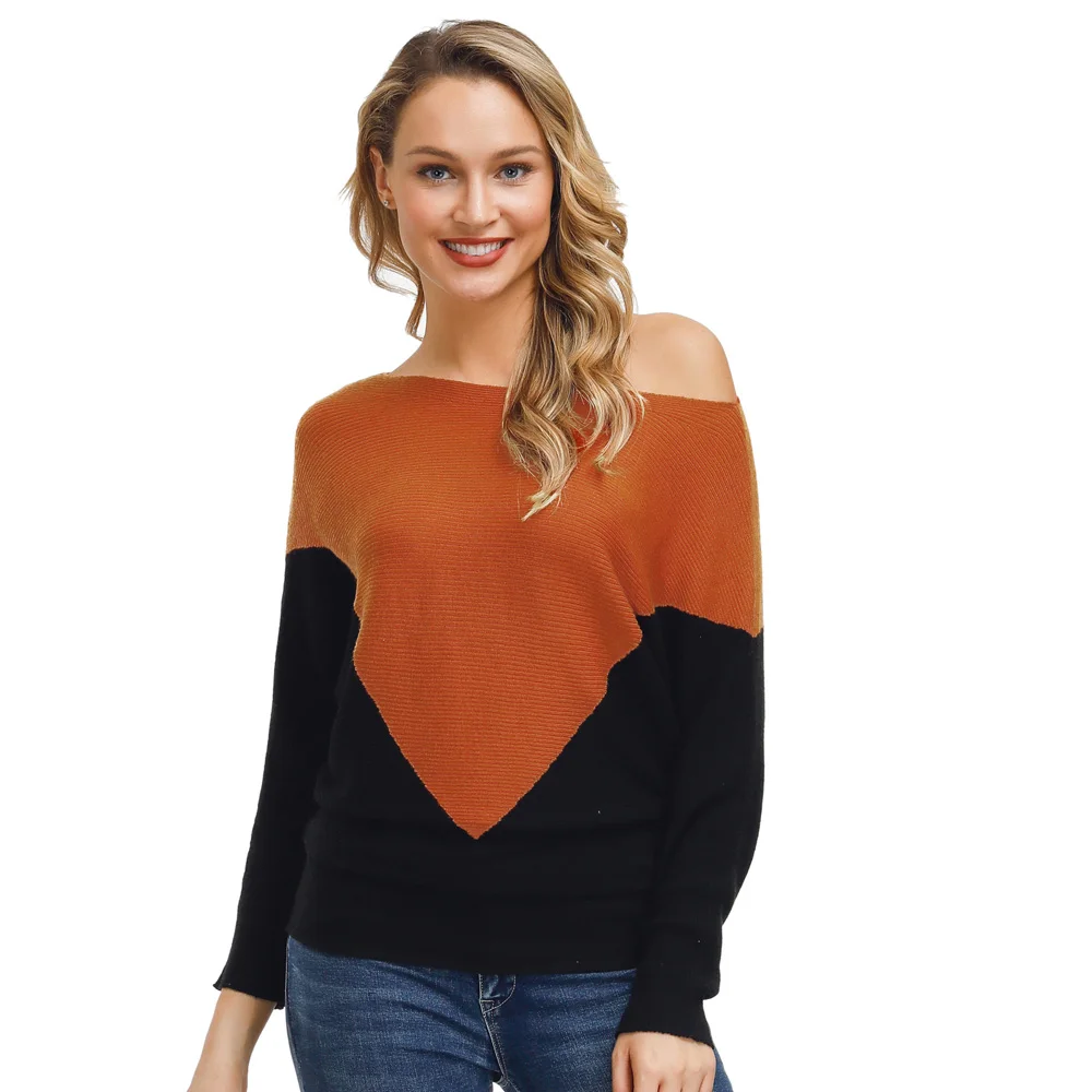 

warm sweater Women Boat Neck/Off Shoulder Sweater contrast color autumn winter Knitwear Long Sleeve pullover casual jumpers lady