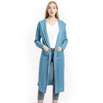 

2019 Long Hooded Cardigan Women Autumn Outerwear Open-Stitch Jacket Solid Color Knitted Sweaters For Women Long Cardigan Pocket