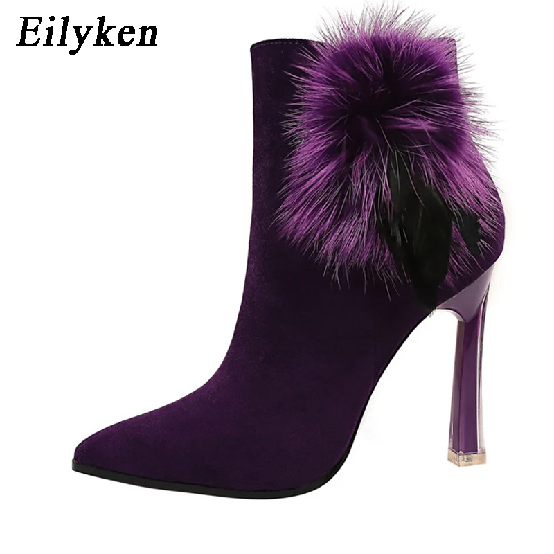 Purple Eilyken/модные качественные женские зимние ботильоны из флока с мехом на высоком каблуке; женские пикантные модельные полусапожки на молнии с острым носком - Цвет: Purple