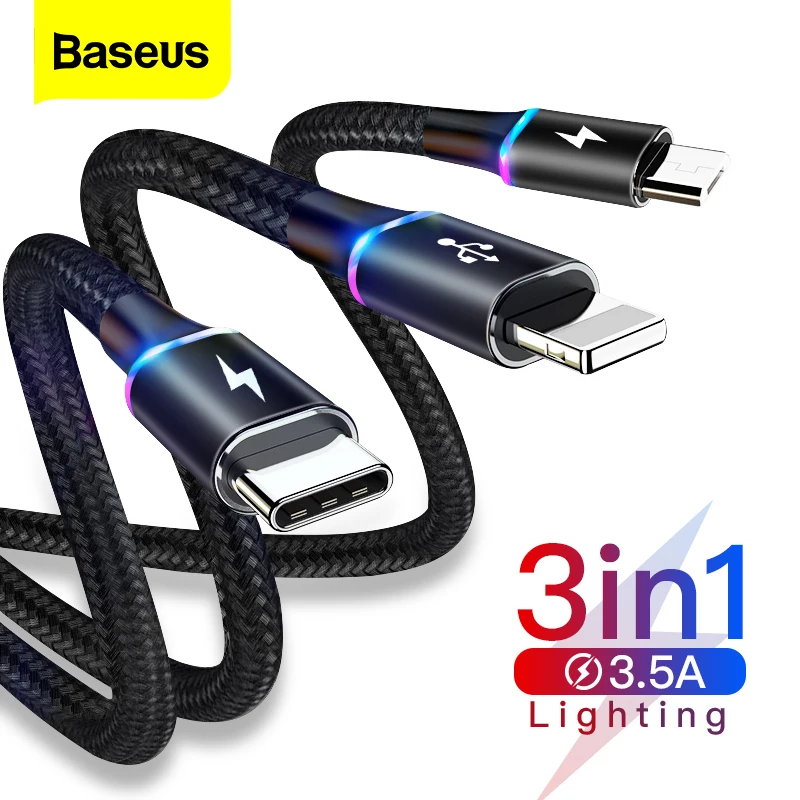 Baseus 3 в 1 USB кабель для iPhone LED 3в1 мульти Micro USB Type C кабель для Samsung S10 мобильный телефон Быстрая зарядка зарядное устройство Шнур|Кабели для мобильных телефонов| | АлиЭкспресс