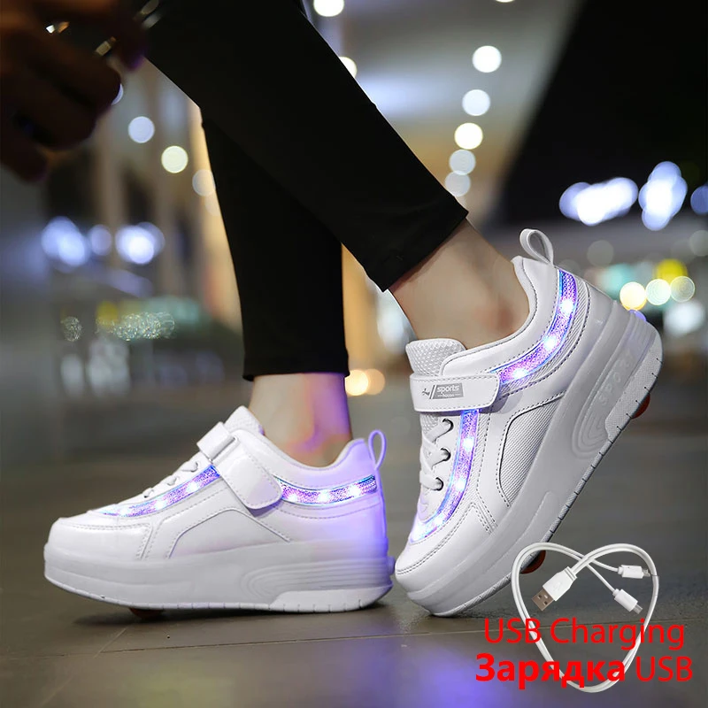 

White Sneakers on Wheels Children Glowing Sneakers with Light LED Luminous Casual Shoes with Flashing Surface for Boys