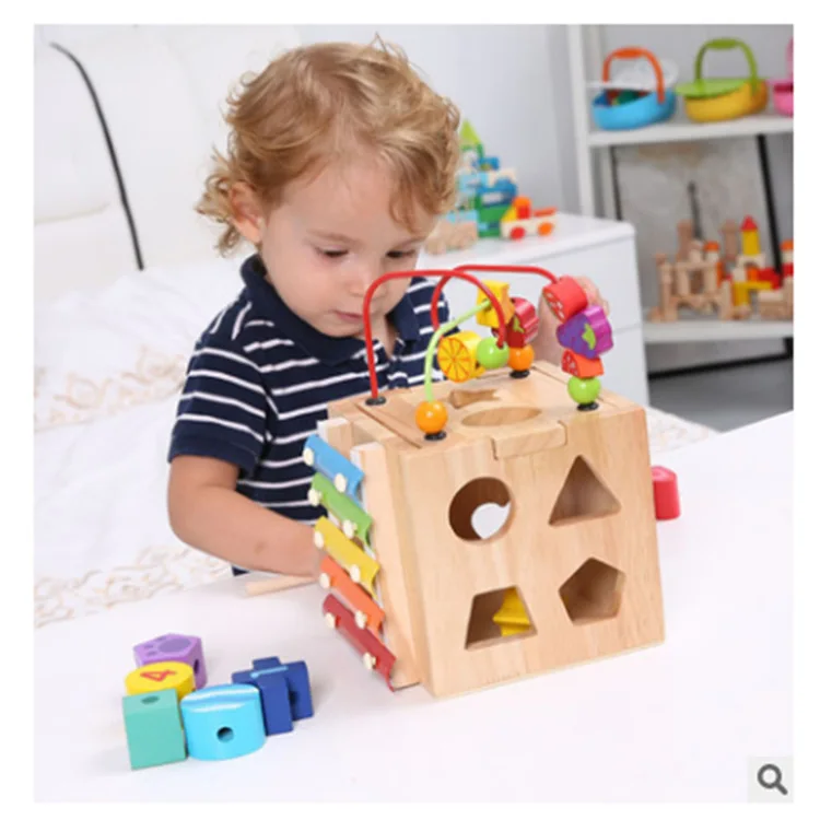 

Wood Early Education qi meng Educational Children Treasure Chest Baby Educational Beaded Bracelet Four Sides Multi-functional In