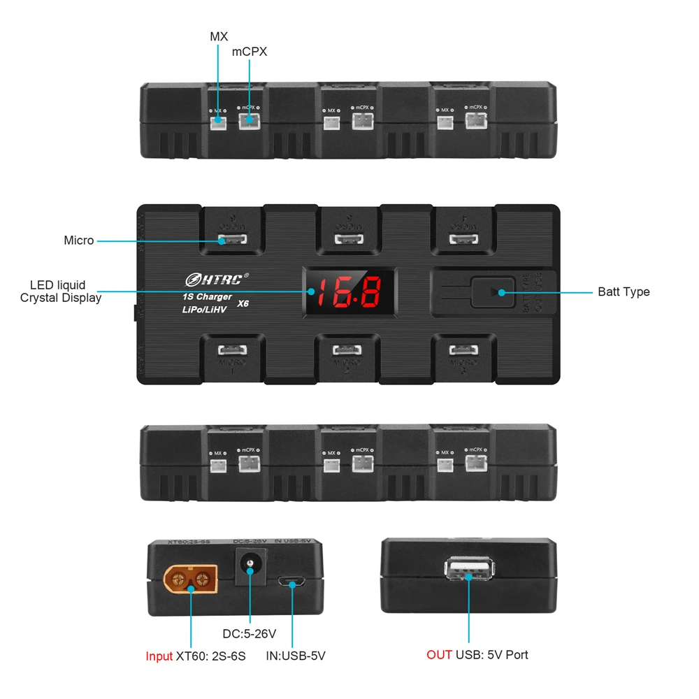 

X6 Battery Charger 3.7V 1S LiHv Lipo Battery Charger with MICRO MX mCPX USB Port For Race Drone Quadcopter RC Charger