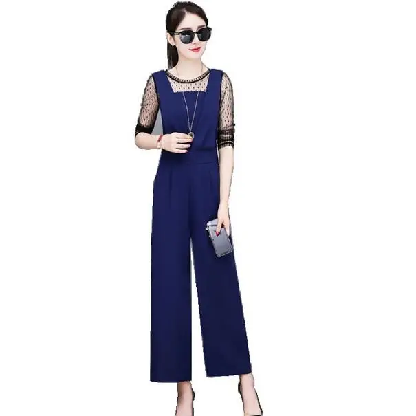 2020 Summer Women Lace Patchwork Chiffon Jumpsuit Female Hollow Out Slim Strap Playsuit Elegant Wide Leg Loose Rompers AE921 | Женская