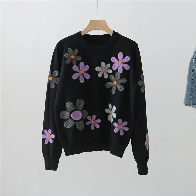 Ladies Floral Sweater Fall Winter Young Girls Warm Clothing Knitted Flower Pattern Pullover For Women C-083