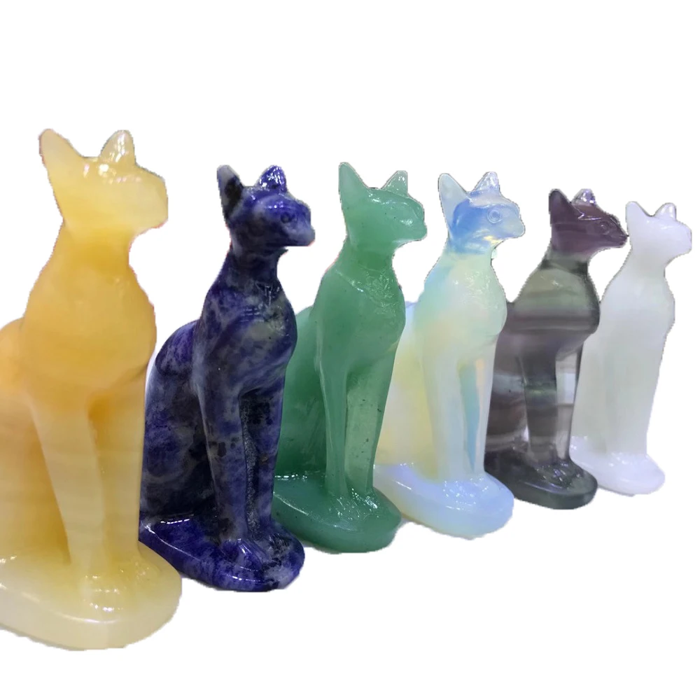 

Natural Quartz Carving Cute Cat Statue Fluorite Topaz Opal Mineral Reiki Stones Healing Crystal Gem Home Decoration Gift