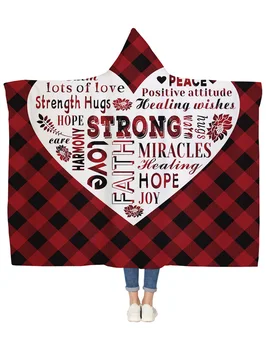 

Red Grid Love Healing Words Warmth Hooded Blanket Bedspread Blankets Blanket Flannel Travel All-Season