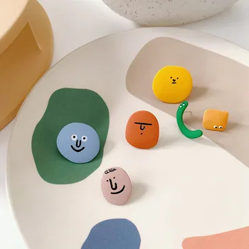 

New Cute Colorful Paint Asymmetric Smile Face Geometric Irregular Round Stud Earrings for Women Party Jewelry