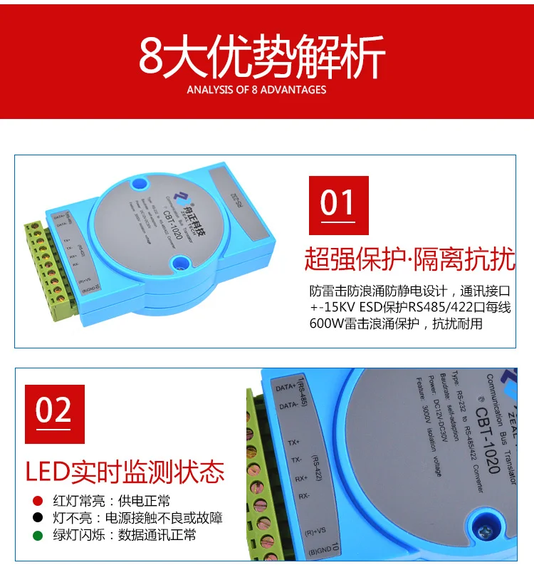 RS232 to RS485/RS422 Converter Bidirectional Active Serial Port Transfer Module Photoelectric Isolation CBT-1020