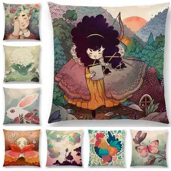 

Cartoon Girl Animal Pattern Pillow Case Throw Pillowcase Cotton Linen Textile Throw Printed Pillow Cover For Office Home Decor