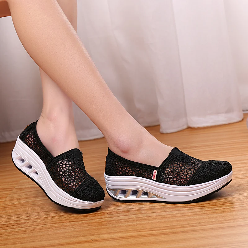 Woman Casual Shoes Women Hollow Floral Breathable Mesh Lace Shallow Shoes Ladies Platform Thick Heel Sole Size 35-40 women loafers women orthopedic shoes