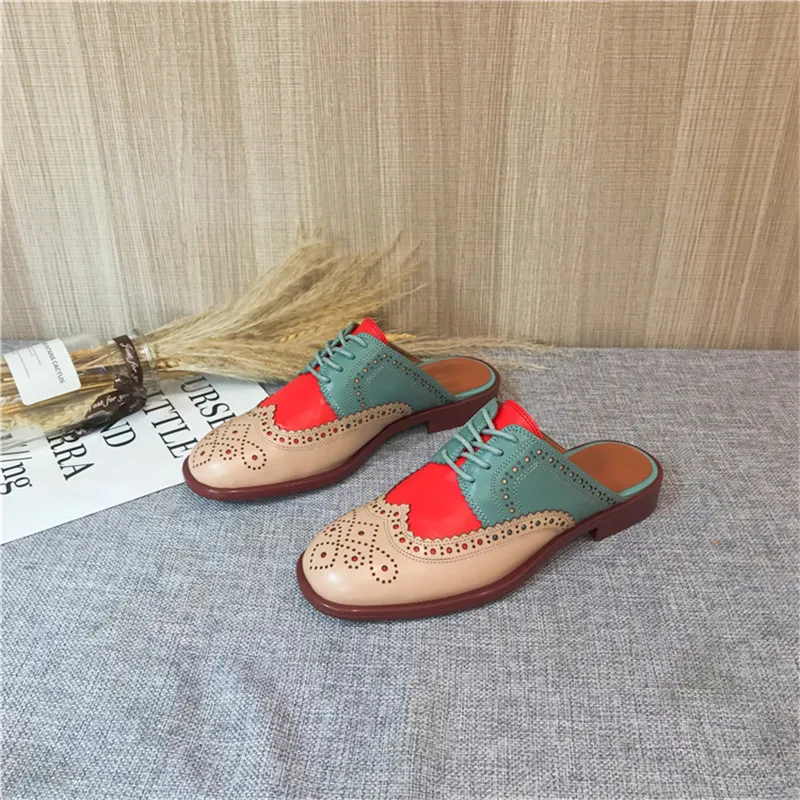 2020 Summer Slides Women's Shoes Carved Round Toe Flats Heel Brogues Mules Shallow Mouth Color Block Oxford Shoes Slippers Women (10)