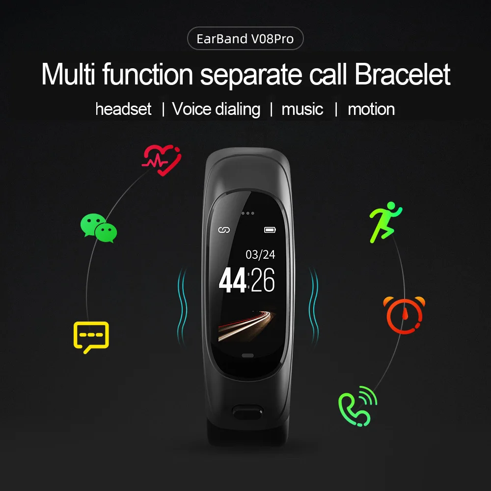 Смарт браслет V08Pro со встроенными наушниками и микрофоном умный с Bluetooth 4 0