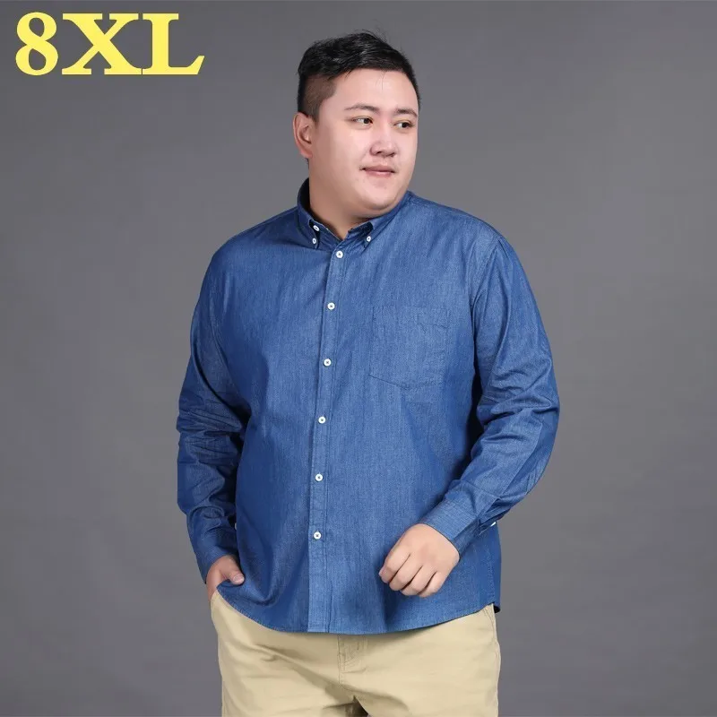 Джинсы размера плюс 8XL 7XL 6XL мужские рубашки из хлопка с длинным рукавом