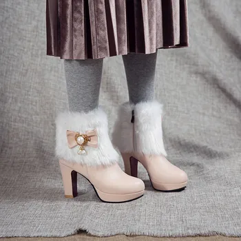 

2019 Fashion Hih Heels Ankle Boots Winter Pink White Black Party Weddin Womens Platform Plus Size Fur Lolita Bow Shoes