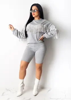 

Tassels Spliced Sexy 2 Piece Set Sweat Suits Women Round Neck Lonmg Sleeve Slim Hoodie and Skinny Knee Length Pants Fall Outfits
