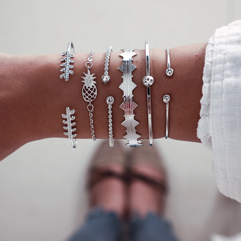 

HuaTang Vintage Silver Bracelets Bangles for Women Boho Pineapple Multi-layer Chain Charm Bracelets Jewelry Pulseras 8197