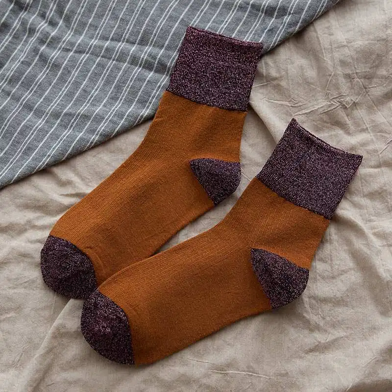 purple Уличная одежда, блестящие женские зимние осенние носки, блестящие серебряные женские носки, хлопковые носки с отворотами, забавные носки Sokken - Цвет: purple