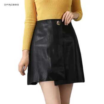

Black Irregular Winter Womens Leather Short Skirt High Waisted Office Wear Ladies Casual PU Mini A-Line Skirt Femme Sais