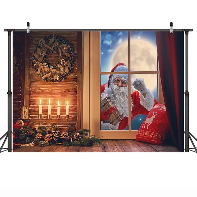 Christmas Window Backdrop Winter Snow Wonderland Birthday Portrait Background Curtain Wreath Christmas Tree Photography Props style-21