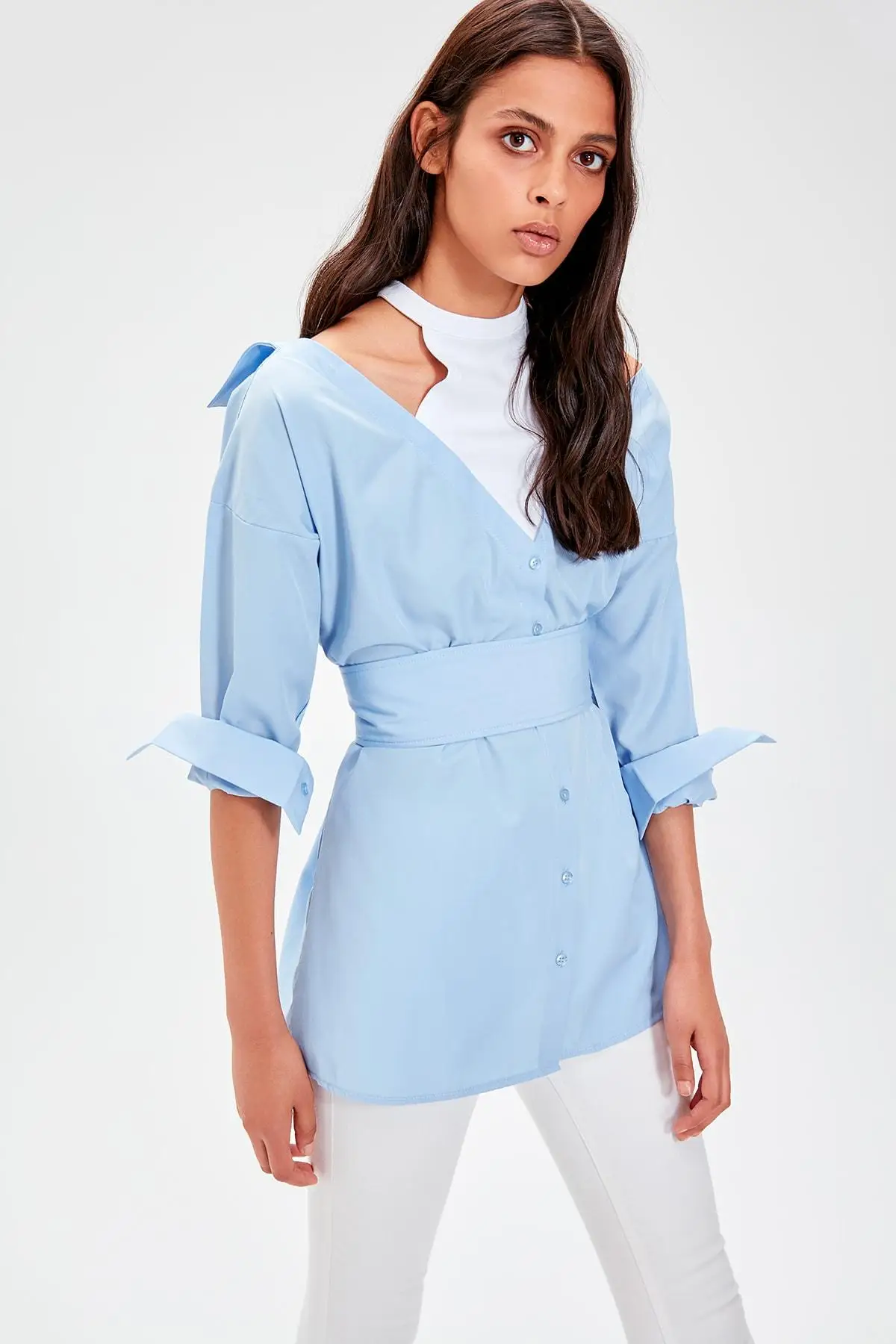 Trendyol синяя рубашка с воротником TWOAW20GO0106