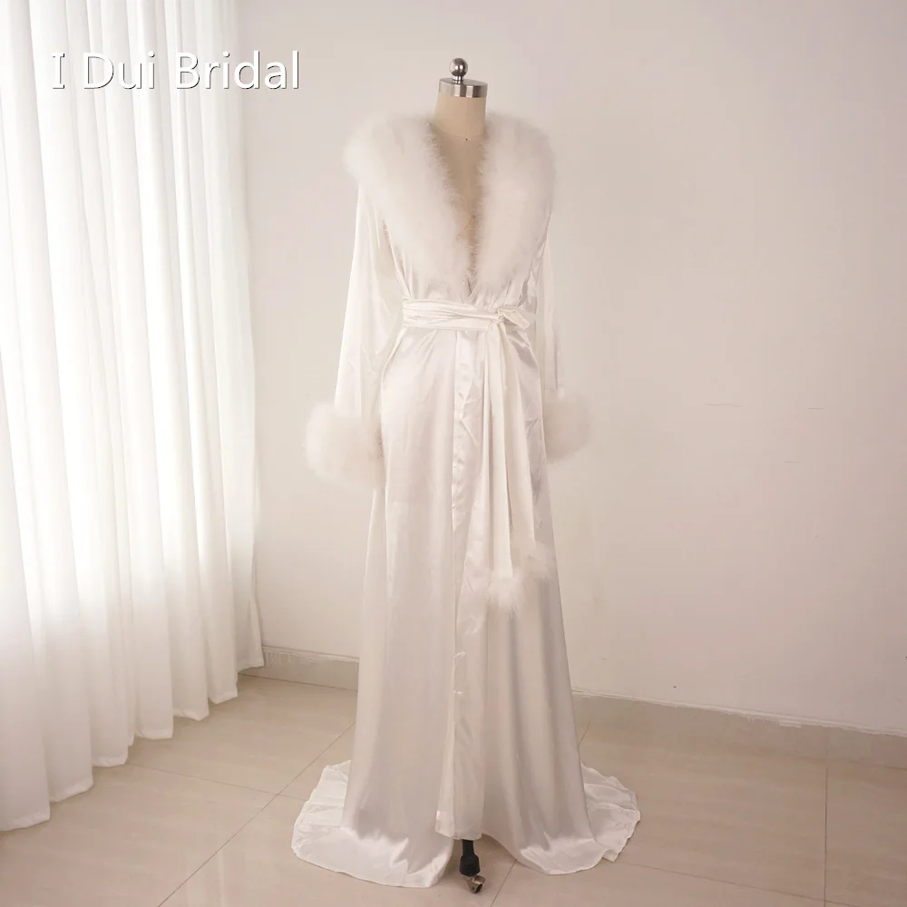 Ivory Satin Feather Robe Long Sleeve Bride Get Ready Dress with Belt A Line Floor Length Fur Collar and Cuff