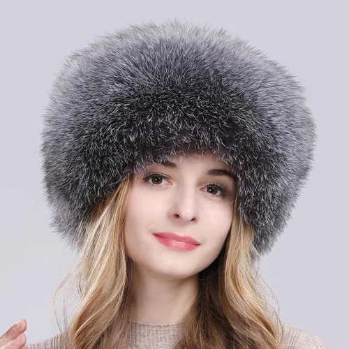 Женская зимняя шапка из натурального Лисьего меха, теплая мягкая пушистая шапка из меха лисы, роскошная Высококачественная шапка-бомбер из натурального Лисьего меха - Цвет: blue gray