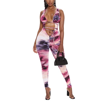 

Sexy Tie Dye Deep V Jumpsuit for Women Summer Fashion Sleeveless Bandage Bodycon Romper Female Halter Tank Jumpsuit Clubwear