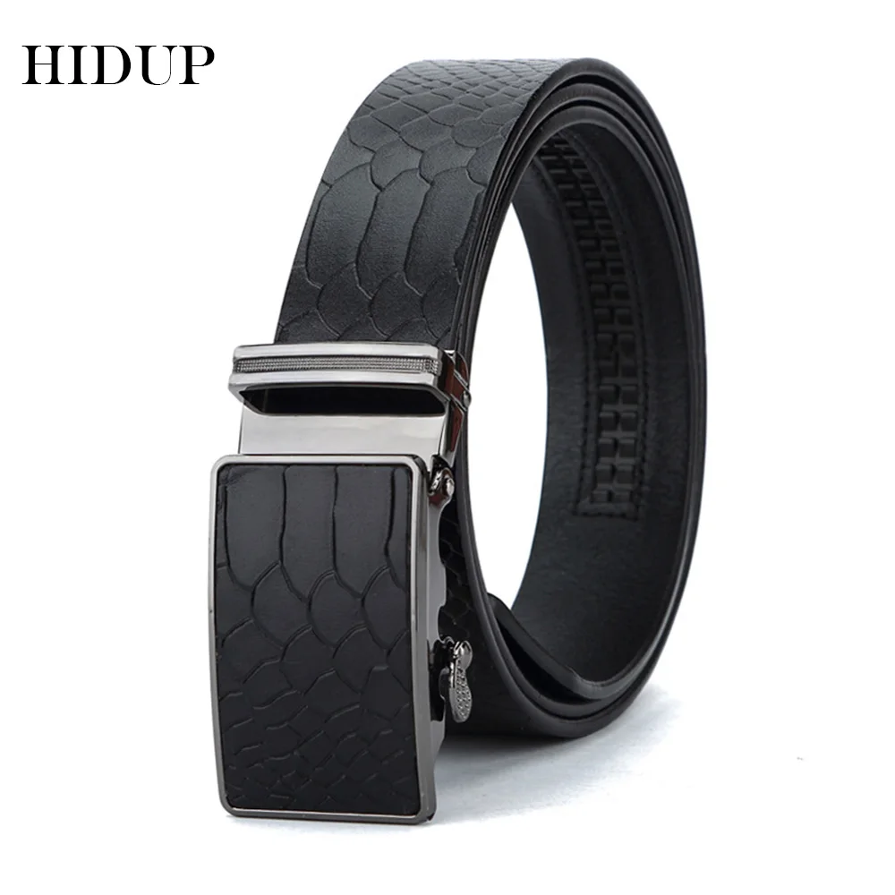 HIDUP Top Quality  Crocodile Pattern Cow Cowhide Leather Ratchet Belts Fashion Styles Automatic Buckle Metal Belt for Men NWJ429