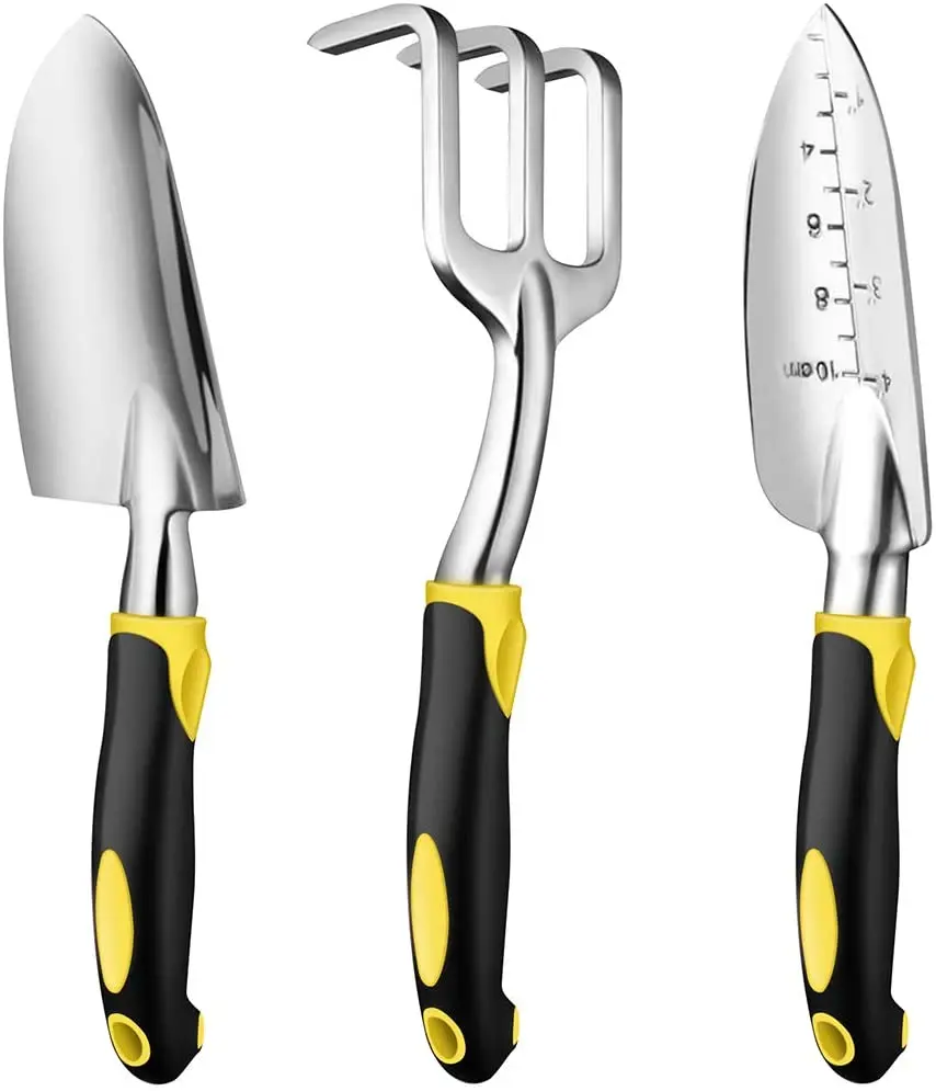 3Pcs 12Inch Cast-Aluminum Gardening Tool Kit Trowel Transplant Trowel Cultivator Hand Rake Rubberized Non-Slip Ergonomic Handle