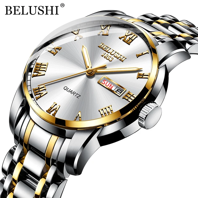 BELUSHI Top Brand Luxury Mens Watches Luminous Waterproof Stainless Steel Watch Quartz Men Date Calendar Business Wristwatch Silver Golden White
