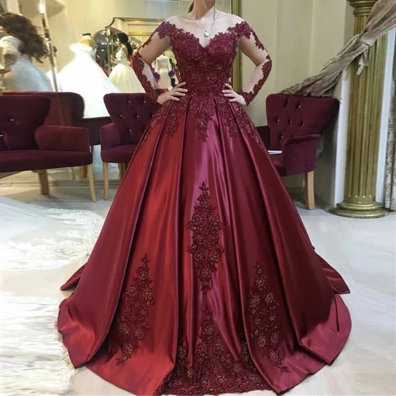 ANGELSBRIDEP Burgundy Ball Gown Prom Dresses Saudi Arabia Style Long Sleeves Court Train Special Occasion Evening Party Gown beautiful prom dresses
