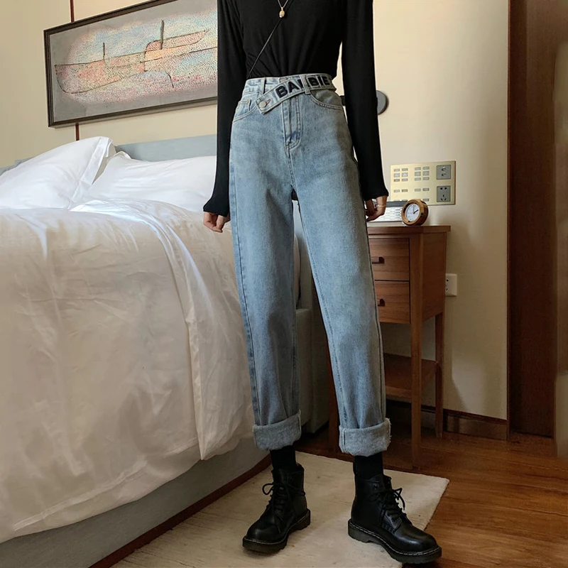 Jeans autumn and winter 2019 new high-waist thin thin wild long pants daddy pants light loose straight jeans women tie dye painted jeans women high waist wide leg denim pants hippie loose straight daddy long pants trousers 2022 new