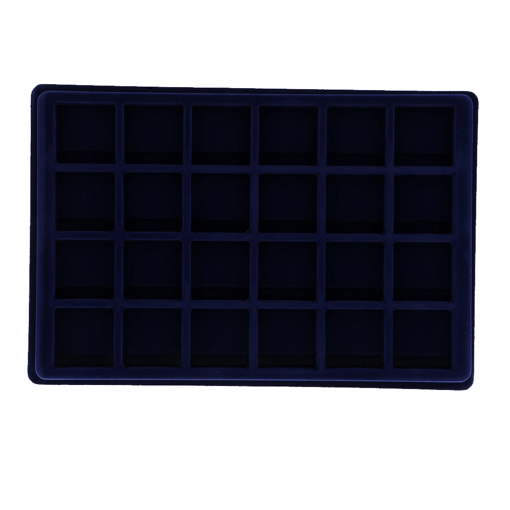 24 Grid Velvet Frame Coin/Jewelry Display Tray Box for Exhibition Hall -Blue