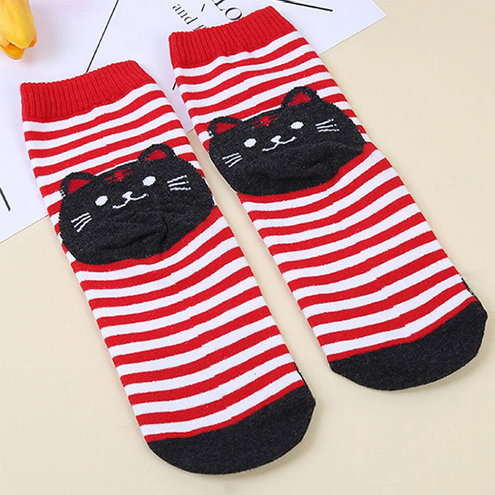 5pcs Women Cat Stripes Mid-calf Length Socks Breathable Cotton Anti-slip Socks Adult Soft Casual Animal Print Socks